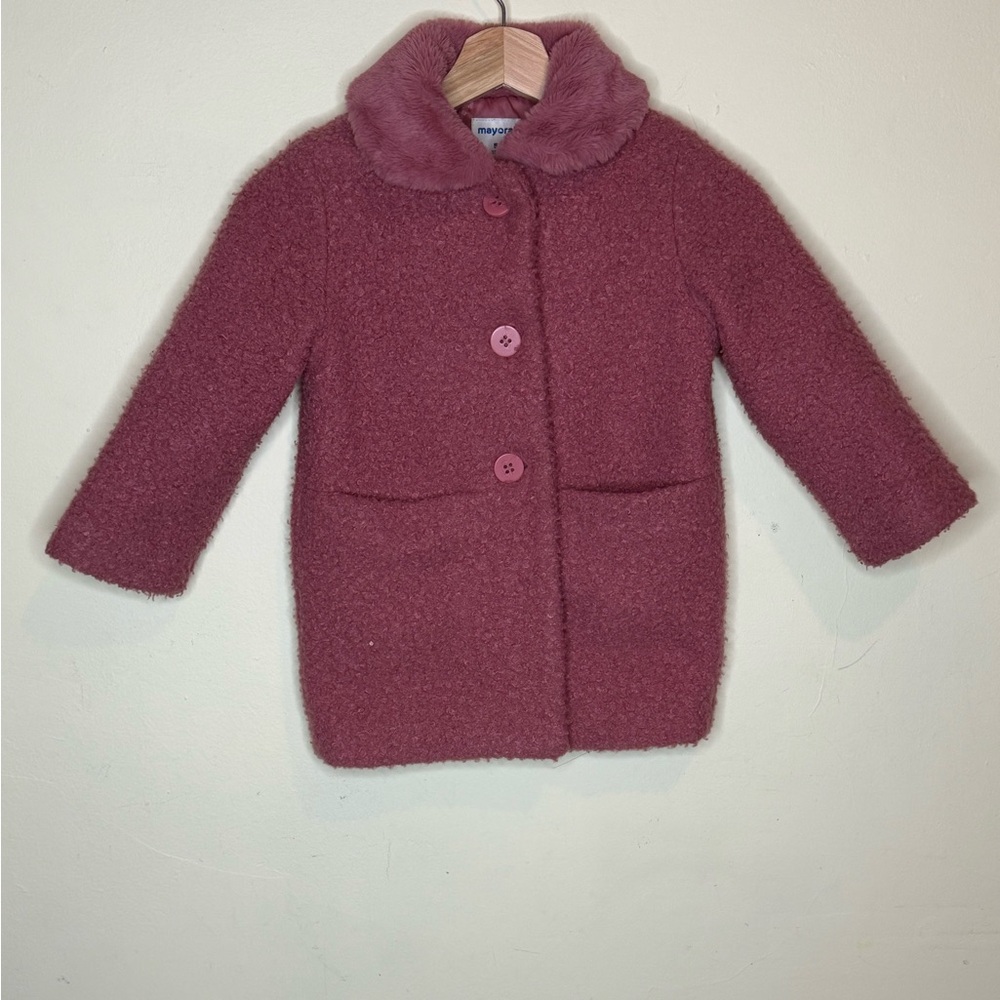 Mayoral Mauve Pink Textured Coat with Faux Fur Collar – Girls Size 5